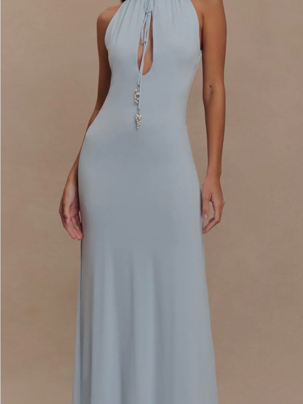 Meshki Pale Blue Halter Maxi Dress with Front Keyhole
